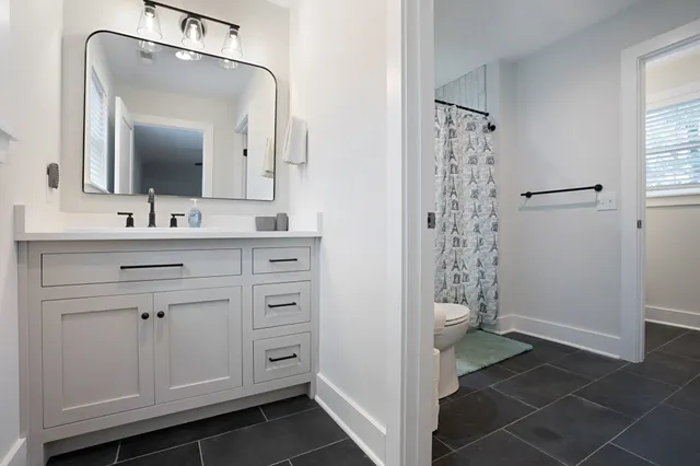 a bathroom with a double vanity sink mirror and toilet
