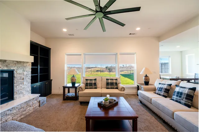 a bedroom with furniture and a fireplace