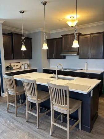 a kitchen with a sink a counter space and a refrigerator