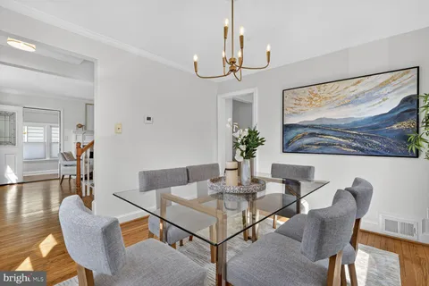 a view of a dining room with furniture wooden floor and a chandelier