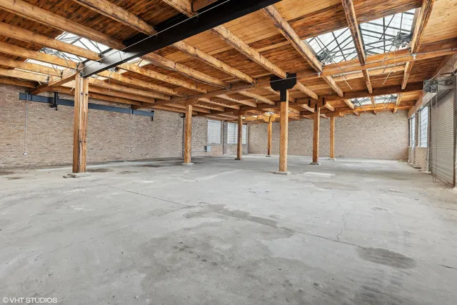 a utility room with tall buildings