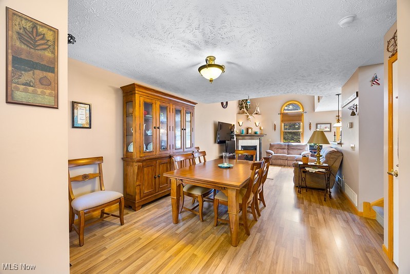 1035 Parsons Road Grafton, OH 44044 - Photo 2 of 25 Dining area featuring a textured ceiling, a fireplace, and light wood-type flooring