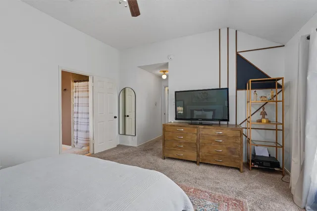 a bedroom with a bed and a television