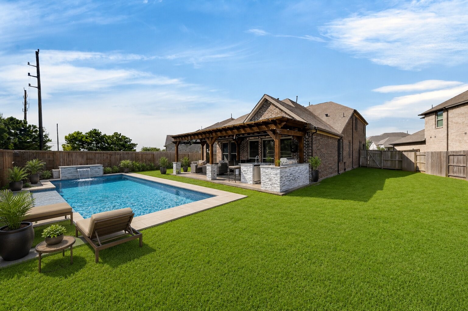 23002 Sutton Manor Way Katy, TX 77493 - Photo 22 of 22 Spacious backyard with an outdoor kitchen and ample patio space, virtually enhanced to showcase the potential for a custom pool and your dream outdoor oasis.