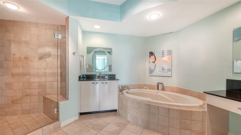 409 North Point Road, Unit 401 Osprey, FL 34229 - Photo 32 of 90 a bathroom with a tub a sink a mirror and a shower