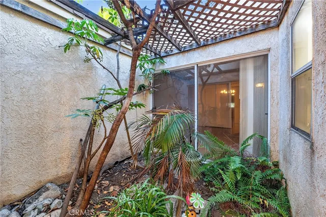 a couple of flower plants in front of yellow house