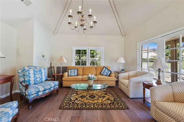 a view of a park with large trees