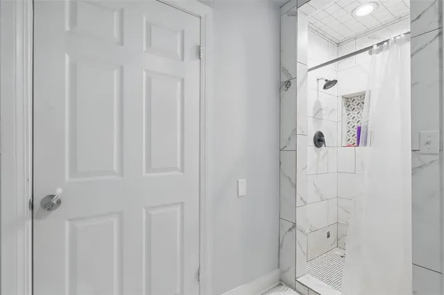a bathroom with a shower and a toilet