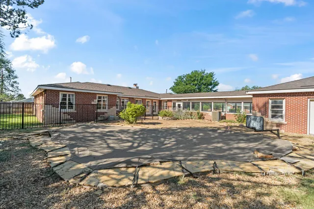 a view of a backyard with plants and large trees
