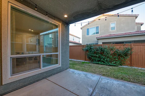 a living room with furniture a potted plant and a large window