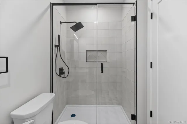 a bathroom with a shower and toilet