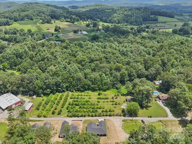 an aerial view of residential house with outdoor space and trees all around