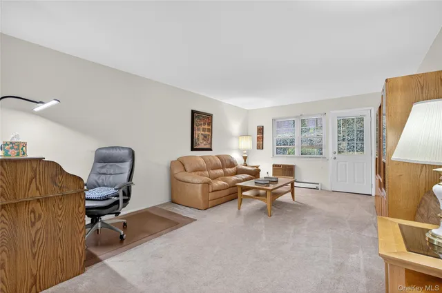 a living room with furniture rug and a window