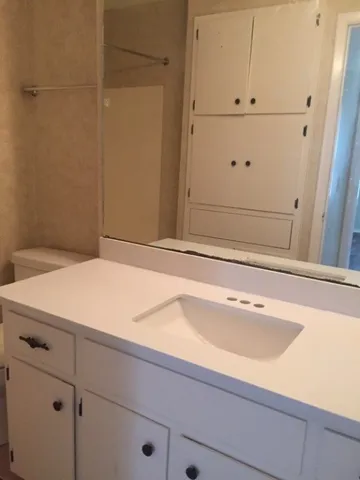 a bathroom with a sink and cabinets