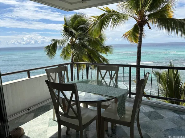 a view of a chairs and table in patio