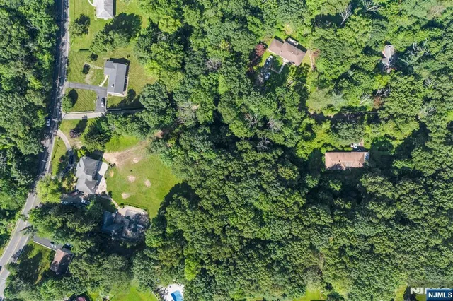 an aerial view of a house with a yard and large trees