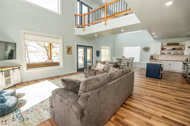 a view of a lake with a terrace