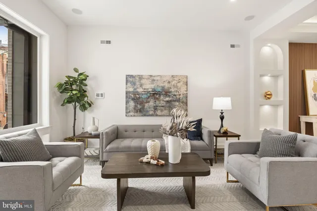 a living room with furniture and a potted plant