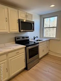a kitchen with stainless steel appliances white cabinets and a sink