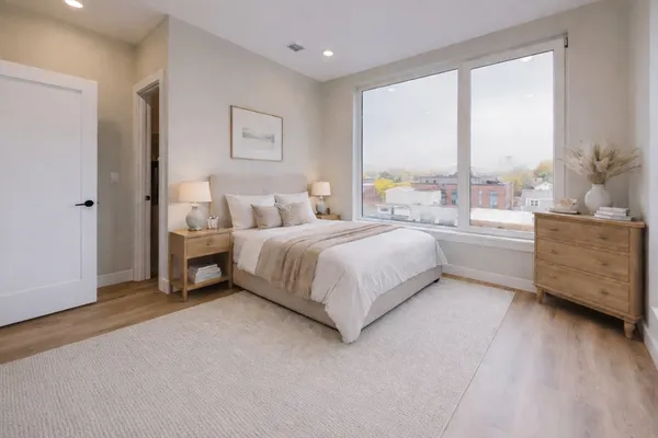 a bedroom with a bed and a large window