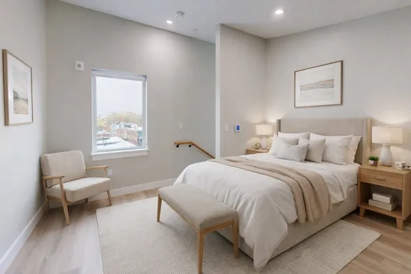 a spacious bedroom with a bed and a window