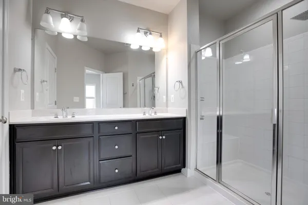 a bathroom with a double vanity sink mirror and shower