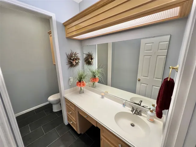 a bathroom with a sink a toilet and mirror