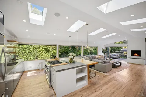 a very nice looking living room with a large window and potted plants