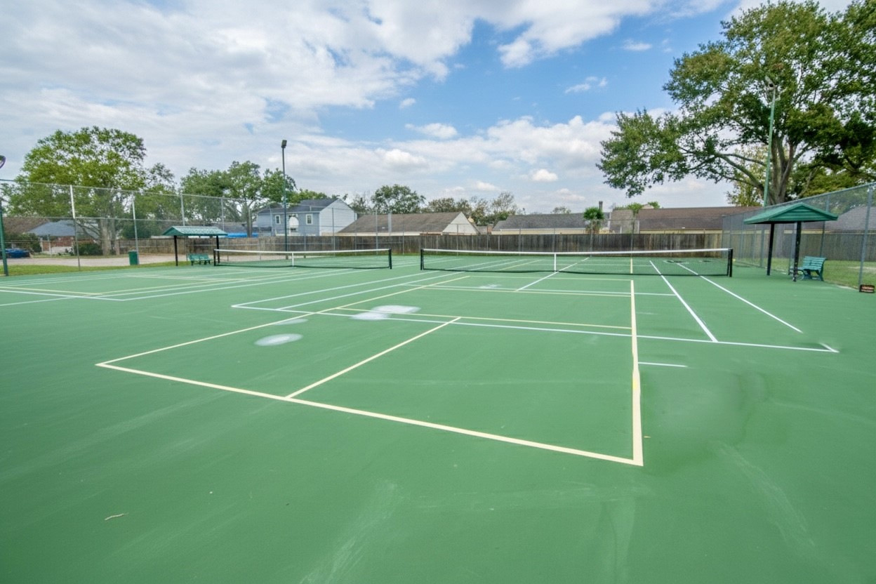 6703 Stonewater Houston, TX 77084 - Photo 29 of 30 A well-maintained outdoor pickleball courts with surrounding fencing, located in a residential neighborhood. Great for sports enthusiasts.