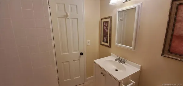 a bathroom with a sink mirror and shower