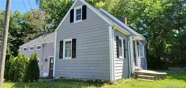 a backyard of a house with plants and large tree