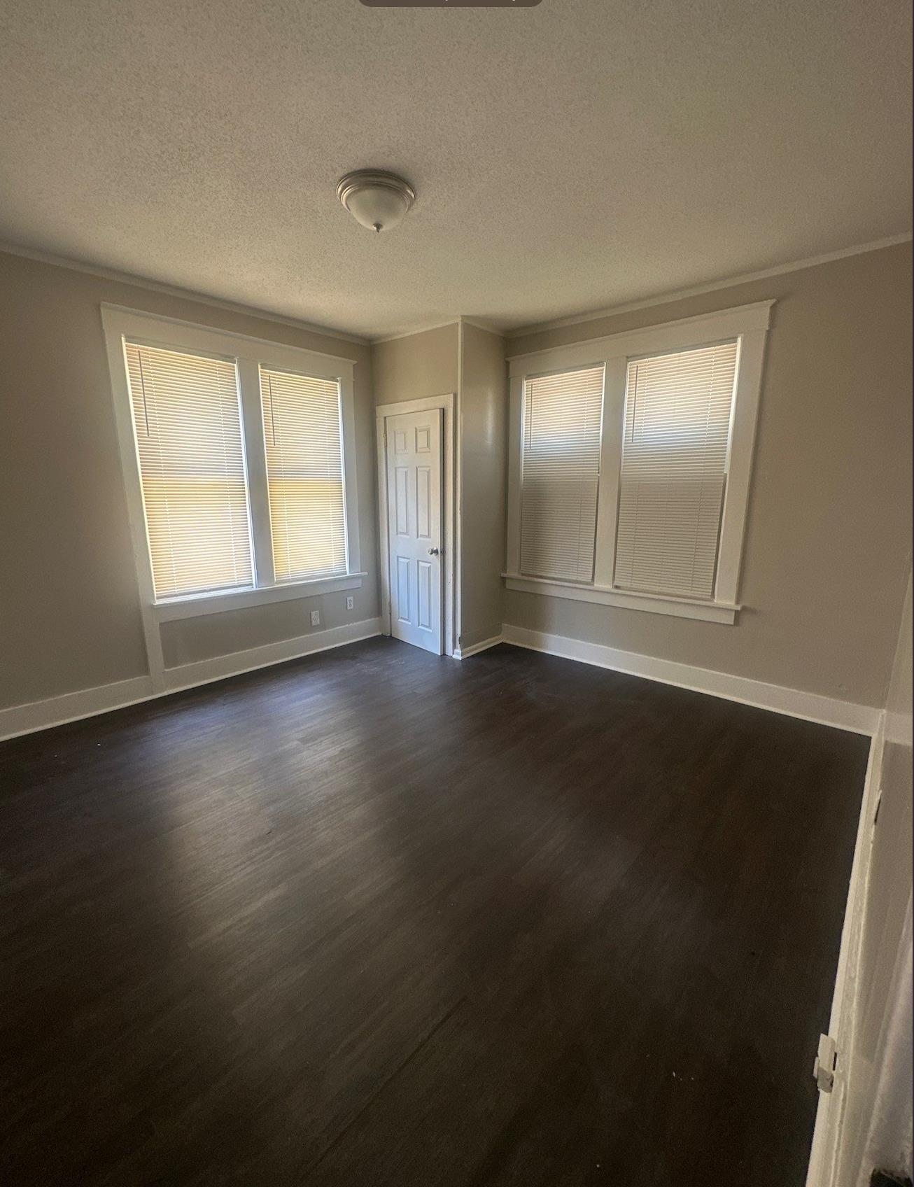 1165 Rayner Street Memphis, TN 38106 - Photo 6 of 16 Spacious room featuring dark wood-finish flooring, light neutral-toned walls, multiple windows with blinds, a white paneled door, and a flush-mount ceiling light fixture