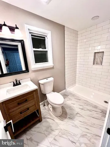 a bathroom with a sink a toilet and mirror
