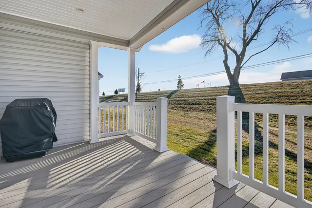 a view of a porch with wooden floor and a large tree