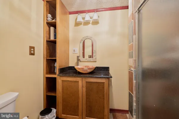 a bathroom with a sink a toilet and shower