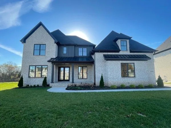 a view of a yard in front of a house with plants and large tree