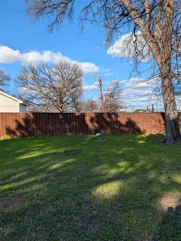 a view of yard with grass and a large tree