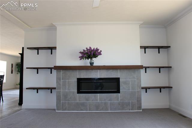 40391 Gieck Road Rush, CO 80833 - Photo 2 of 17 Unfurnished living room with tile fireplace walls, ornamental molding, and carpet floors