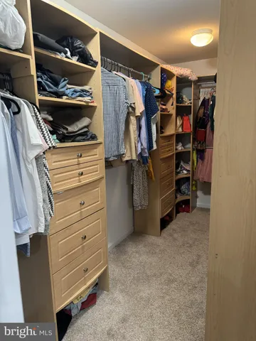 a view of walk in closet with clothes and shoes