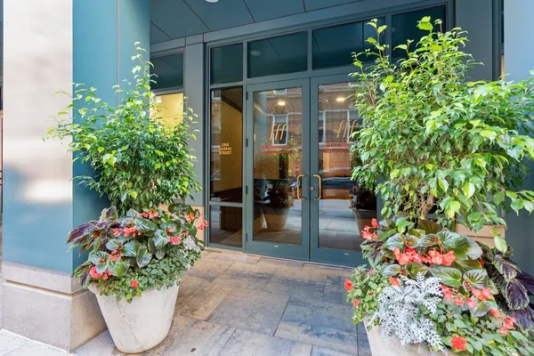 a flower pot with potted plants in front of door