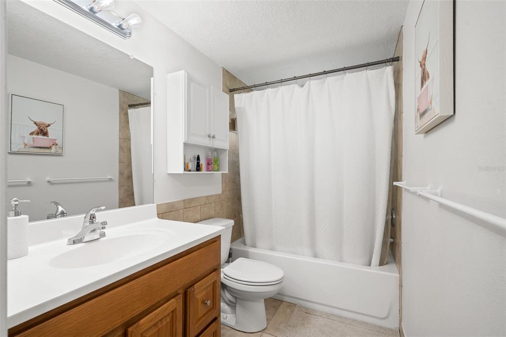 3709 Panola Drive New Port Richey, FL 34652 - Photo 16 of 36 a bathroom with a sink a toilet and shower curtain
