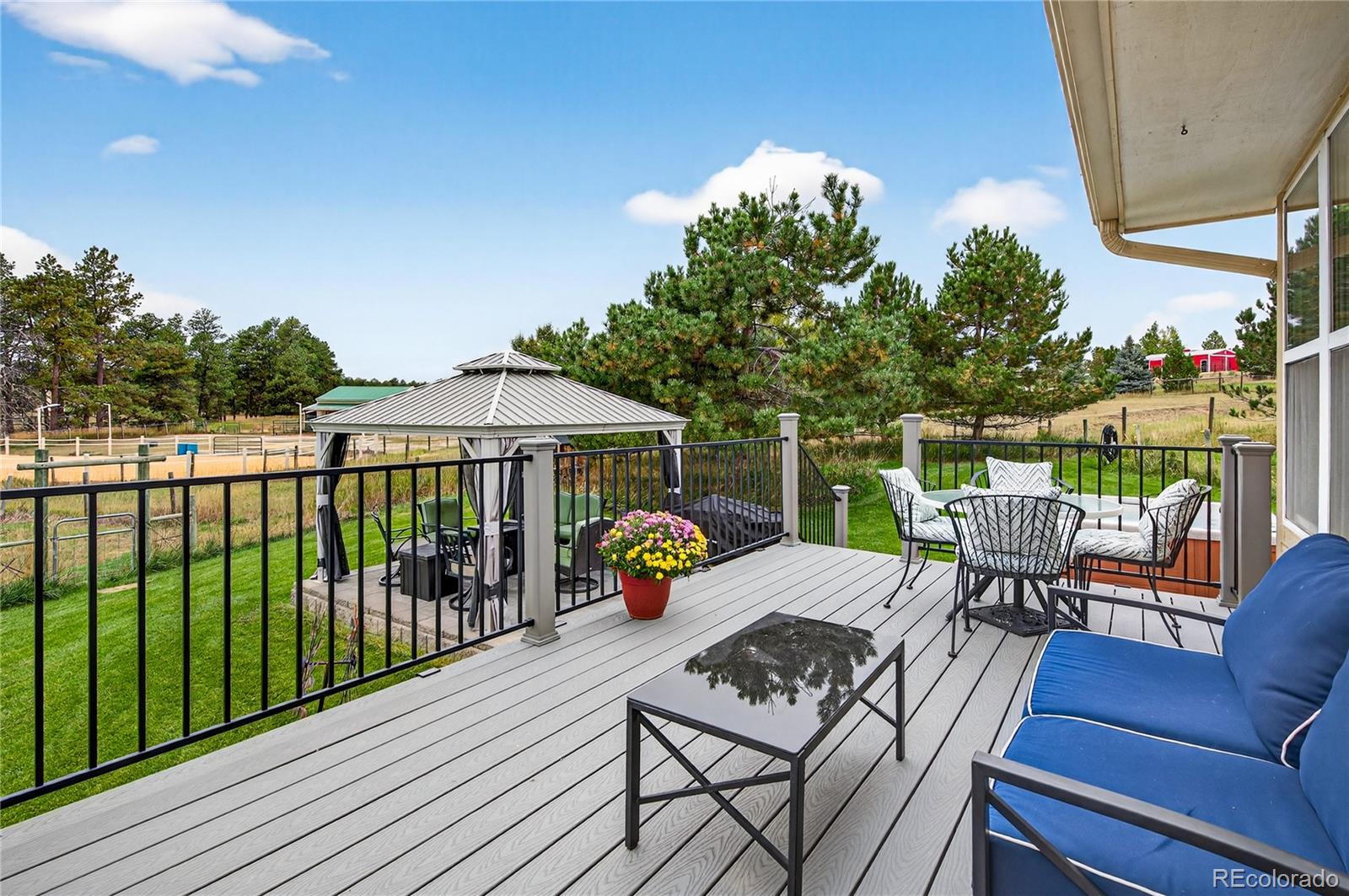 2464 Remington Road Elizabeth, CO 80107 - Photo 30 of 41 a view of a patio with couches chairs potted plants and wooden floor