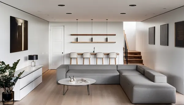 a living room with furniture and white walls