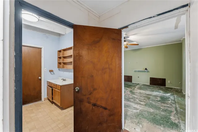 a view of a bathroom with mirror