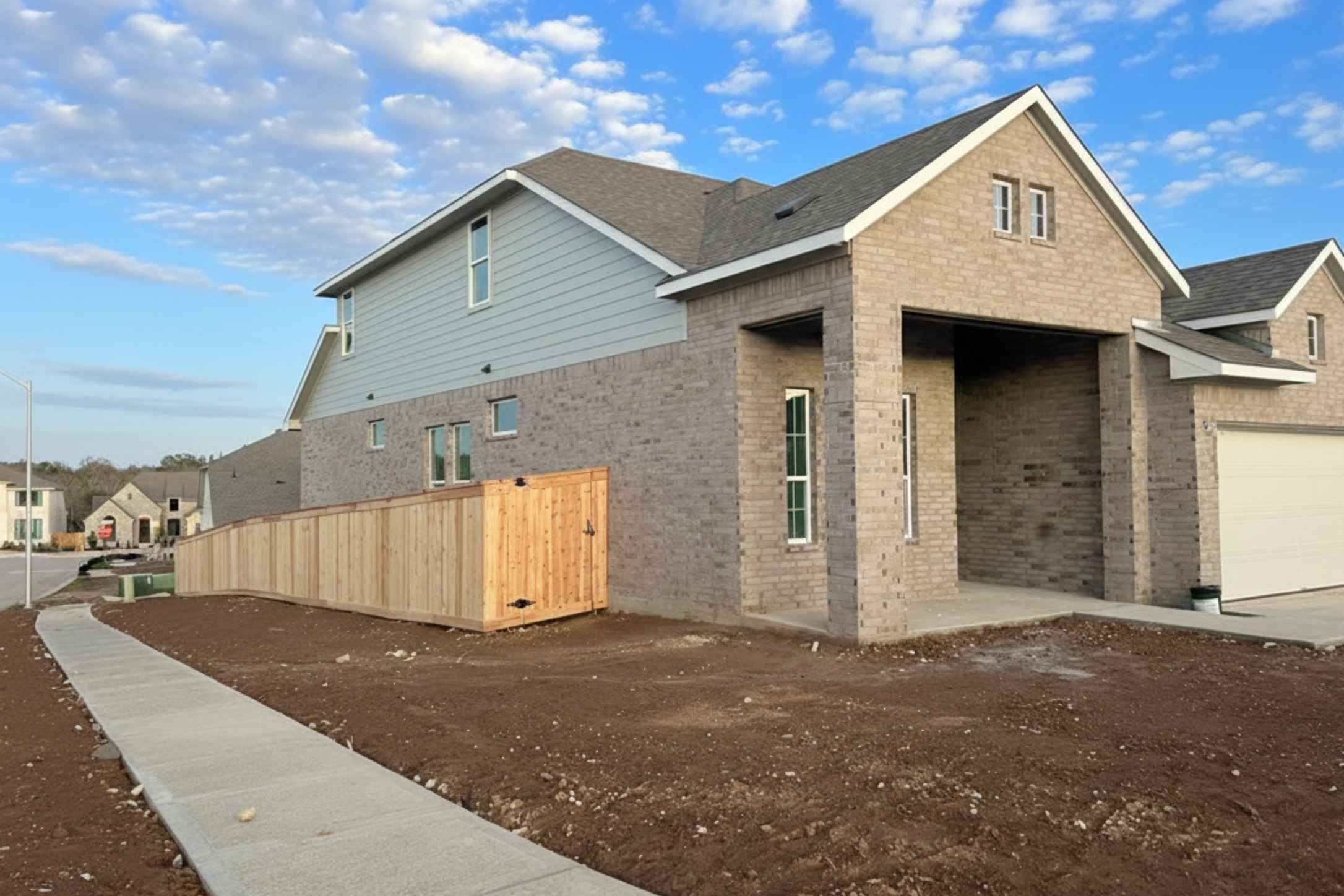 140 Pipe Cactus Pass Georgetown, TX 78633 - Photo 2 of 31 View of side of property with brick siding, a residential view, a garage, and roof with shingles