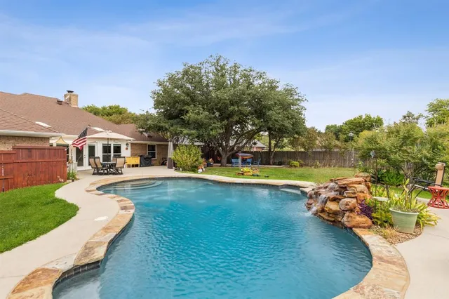 a view of a house with swimming pool and yard
