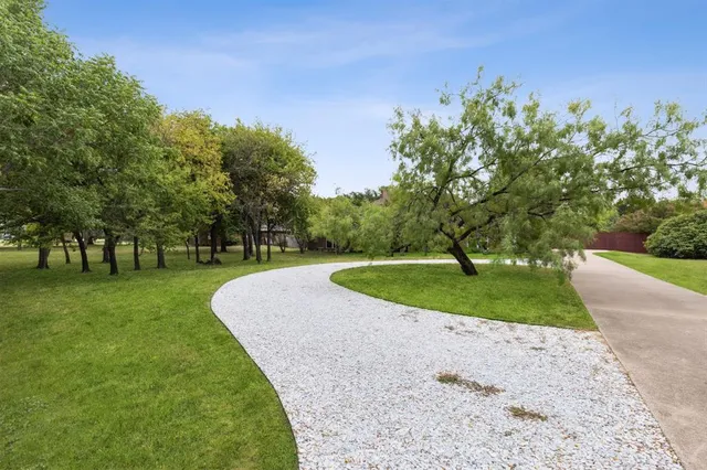 a view of a park with large trees