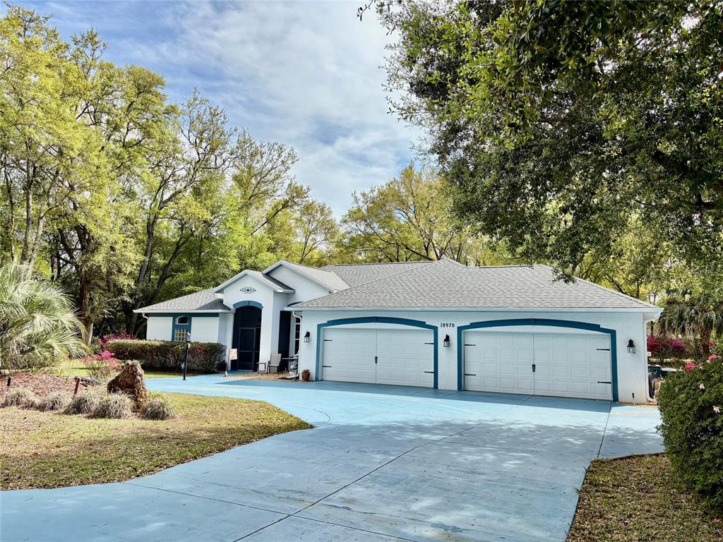 a front view of house with yard and trees in the background