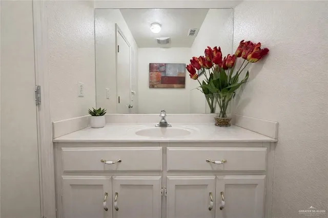a bathroom with a sink a vanity and a mirror