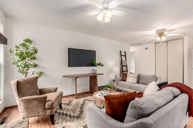 a living room with furniture a flat screen tv and a potted plant